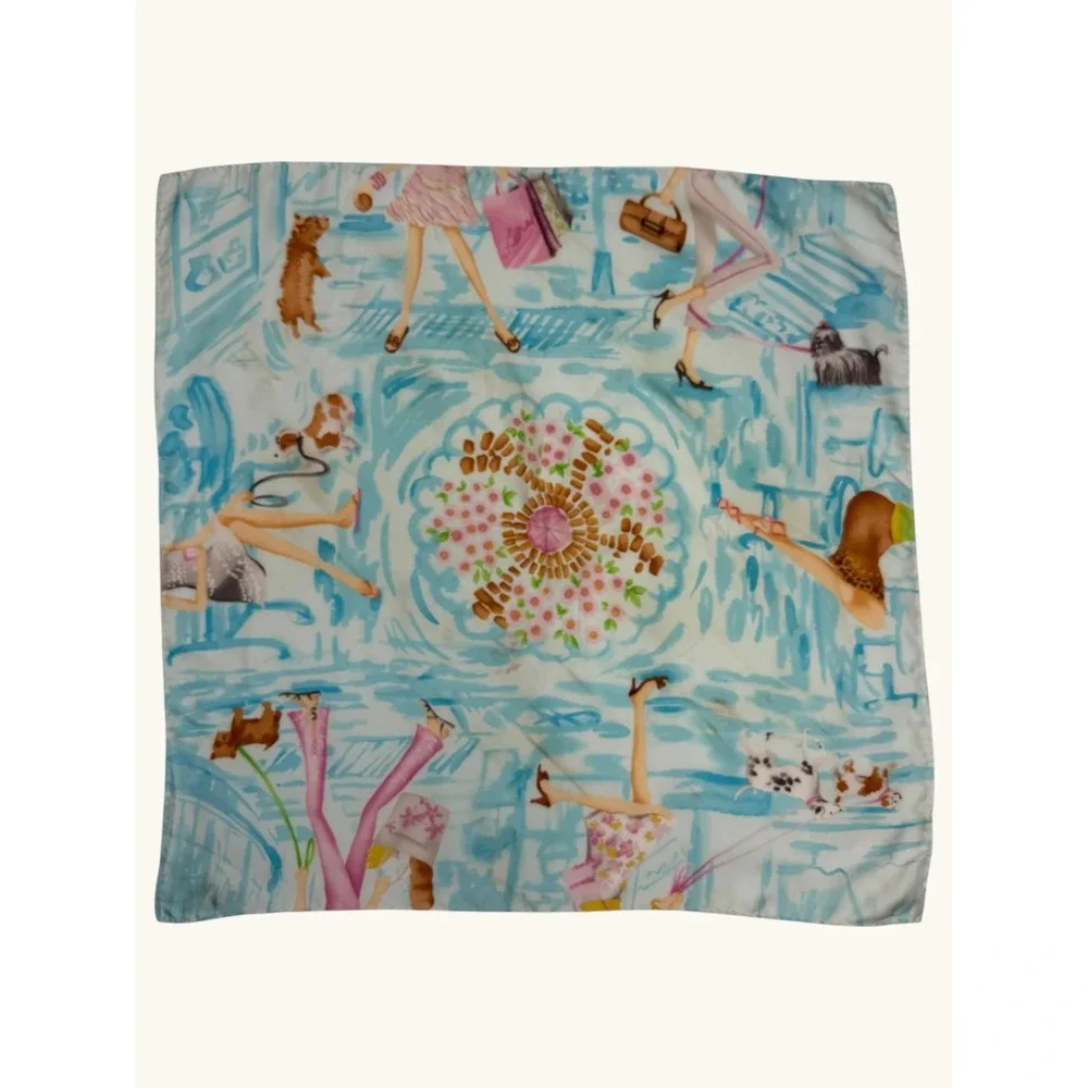 Talbots Silk Scarf Blue Pink Novelty Print Women Shopping Dogs Square Scarf